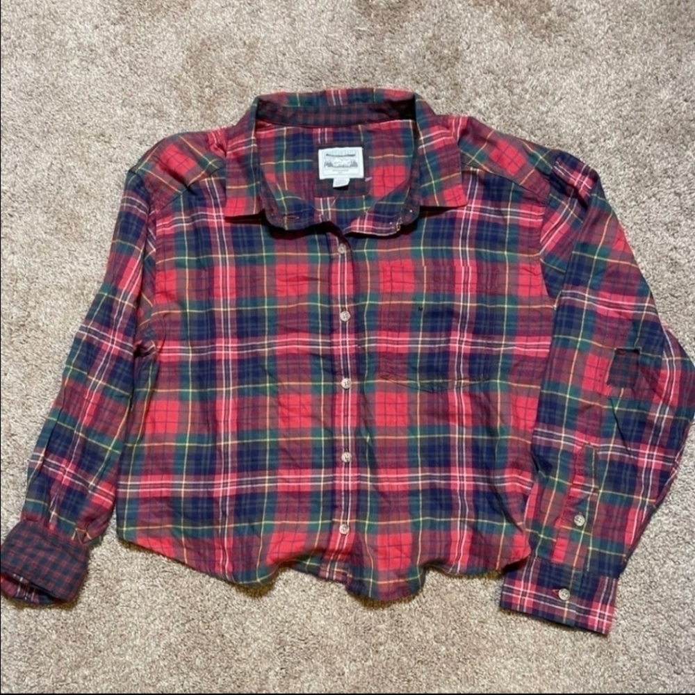 American Eagle AEO Cozy Cabin Cropped Patched Flannel Shirt Red Women's Small S - Picture 6 of 14